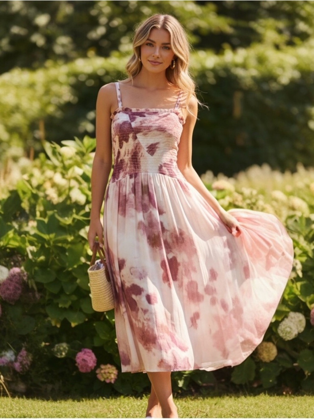 Free People x REVOLVE Tessa Smocked
Midi Dress in colorway Soft
Combo Size: S